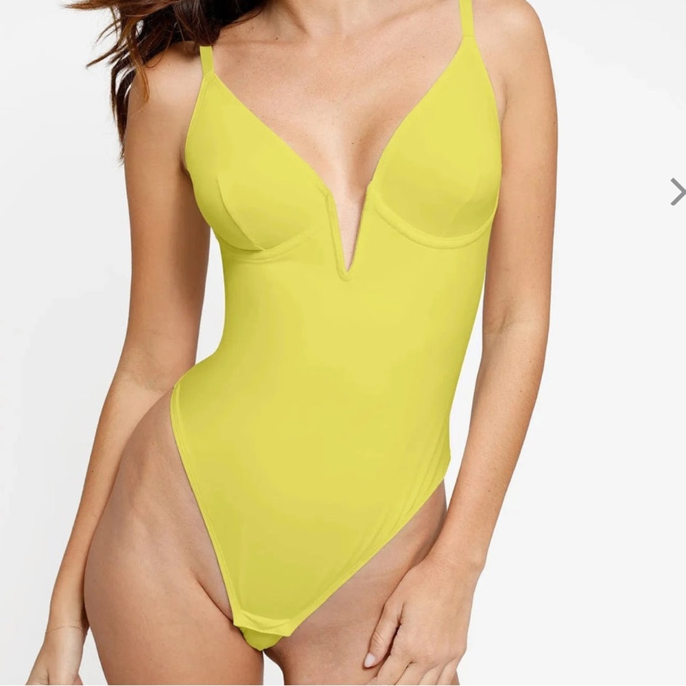 Popilush Deep-V Neck Low-Back Shapewear Thong Bodysuit in Yellow